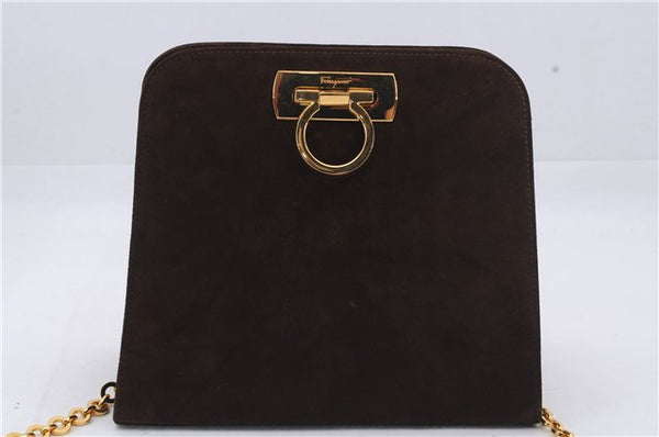 Authentic Ferragamo Gancini Chain Suede Shoulder Cross Body Bag Brown 8534D