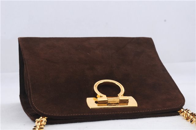 Authentic Ferragamo Gancini Chain Suede Shoulder Cross Body Bag Brown 8534D