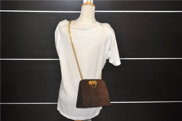 Authentic Ferragamo Gancini Chain Suede Shoulder Cross Body Bag Brown 8534D