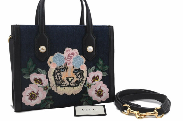 Authentic GUCCI Tiger Embroidery 2Way Shoulder Hand Bag 456546 Denim Blue 8536A