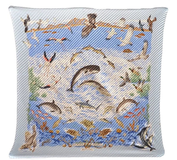 HERMES Pleats Scarf "La Vie Precieuse de la Mediterranee" Silk Blue Box 8539D