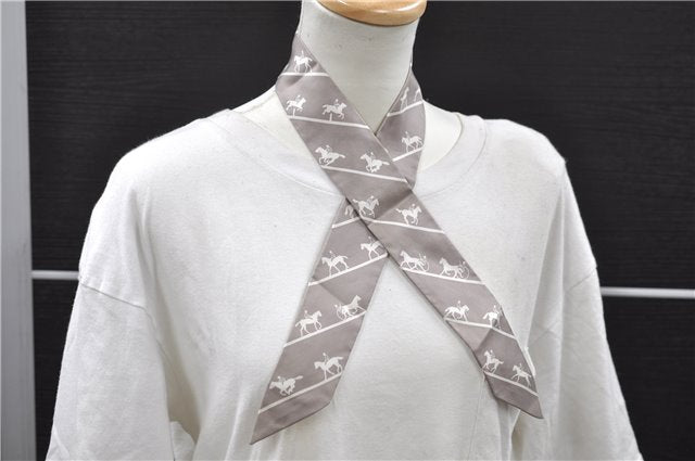 Authentic HERMES Twilly Scarf Silhouette of Carriage Design Silk Gray 8553D