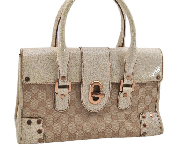 Authentic GUCCI Shoulder Hand Bag Purse GG Canvas Leather 124286 Beige 8592F