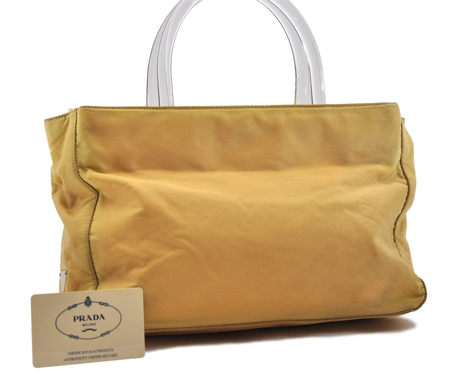 Authentic PRADA TESSUTO TRASP Plastic Nylon Hand Bag Purse B8832 Yellow 8607C