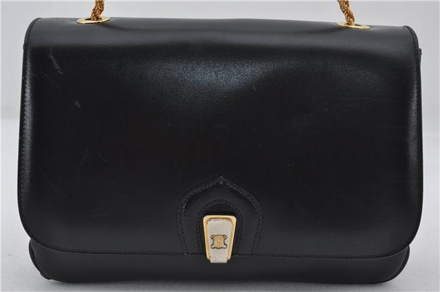 Authentic CELINE Vintage Chain Hand Bag Purse Leather Black 8609E