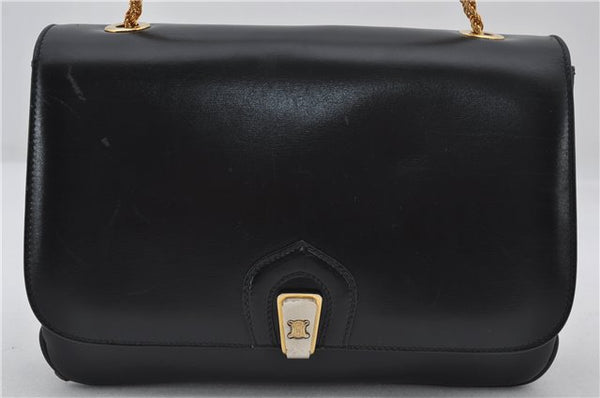 Authentic CELINE Vintage Chain Hand Bag Purse Leather Black 8609E