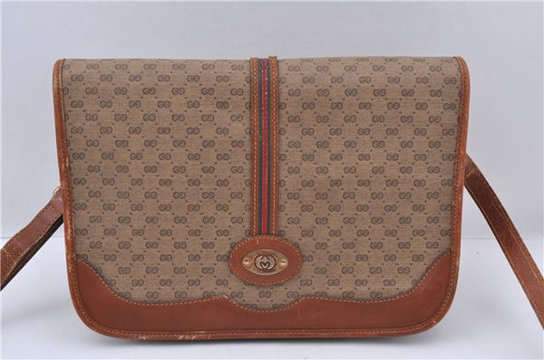 Auth GUCCI Micro GG Web Sherry Line Shoulder Cross Bag PVC Leather Brown 8610C