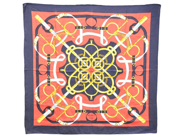 Authentic HERMES Carre 90 Scarf "Eperon d'or" Silk Navy 8612D