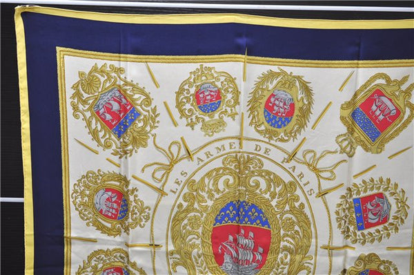 Authentic HERMES Carre 90 Scarf "Les Armes de Paris" Silk Yellow 8614D