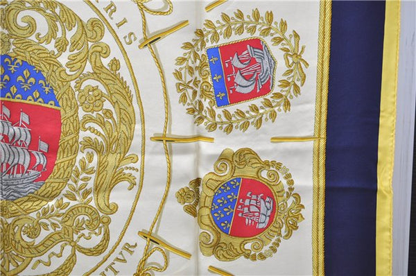 Authentic HERMES Carre 90 Scarf "Les Armes de Paris" Silk Yellow 8614D