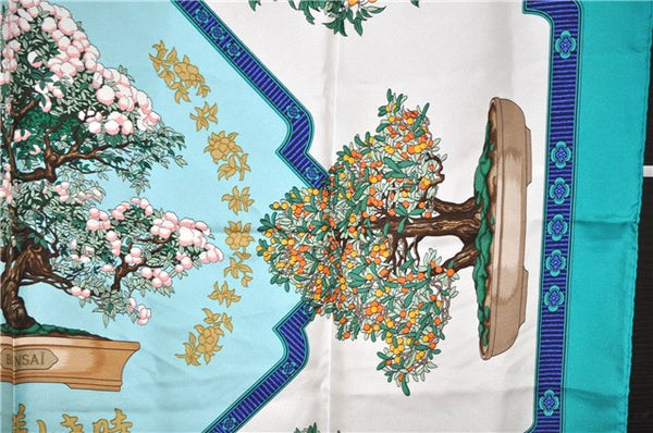 Authentic HERMES Carre 90 Scarf "BONSAI" Silk Green 8655F