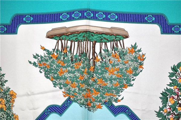 Authentic HERMES Carre 90 Scarf "BONSAI" Silk Green 8655F