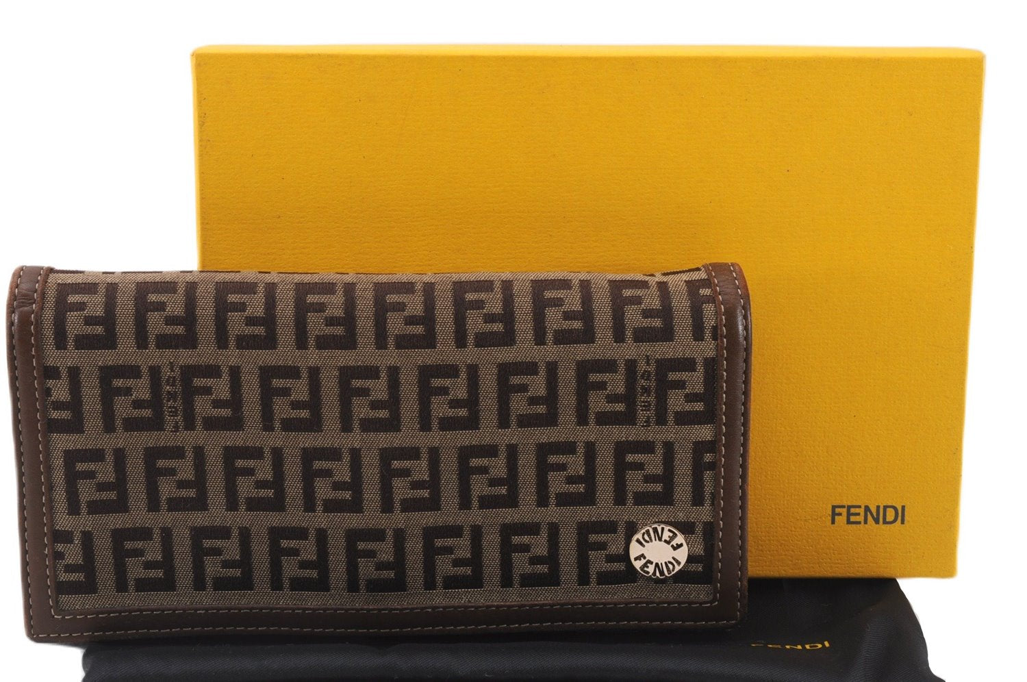 Authentic FENDI Zucchino Long Wallet Purse Canvas Leather Brown Box 8670E