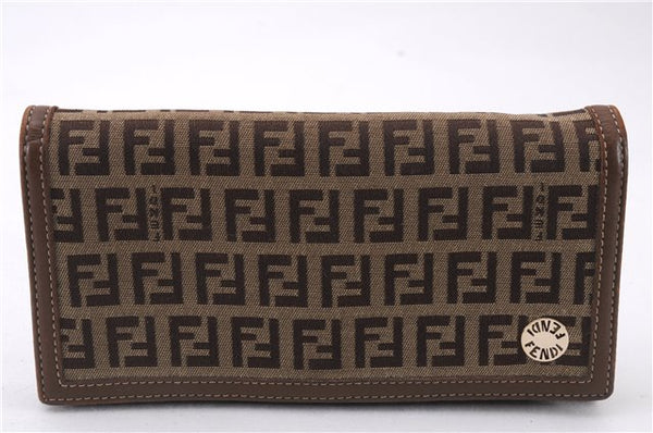 Authentic FENDI Zucchino Long Wallet Purse Canvas Leather Brown Box 8670E