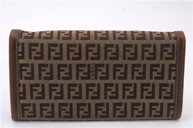 Authentic FENDI Zucchino Long Wallet Purse Canvas Leather Brown Box 8670E