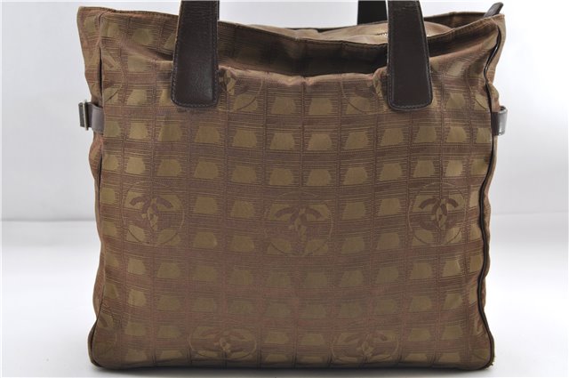 Auth CHANEL New Travel Line Shoulder Tote Bag Nylon Leather Khaki Brown 8671D