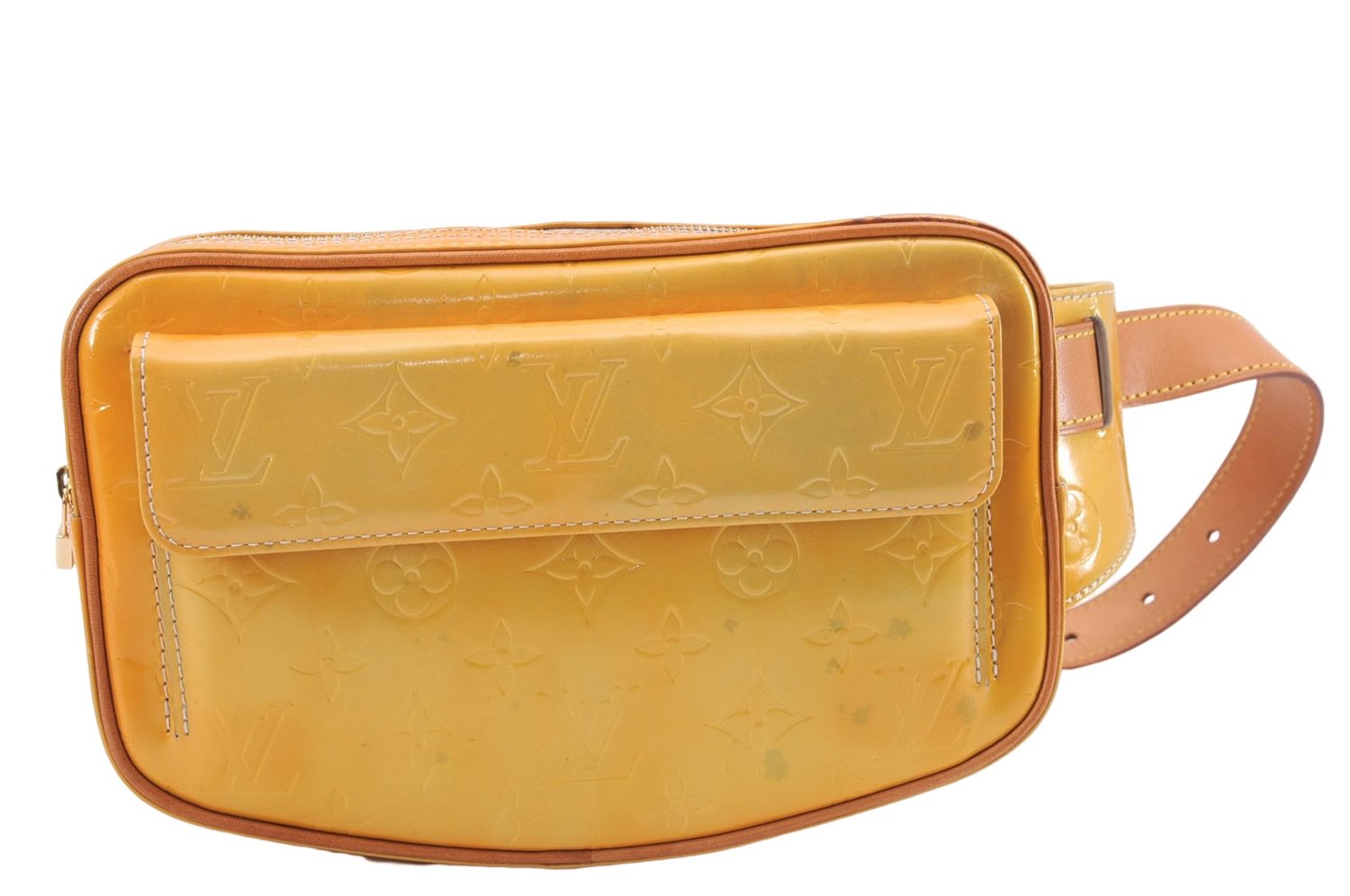 Authentic Louis Vuitton Vernis Fulton Bum Body Waist Bag Yellow M91041 LV 8672D