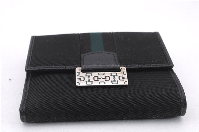 Authentic GUCCI Sherry Line Bifold Wallet Purse Nylon Leather 146195 Black 8673E