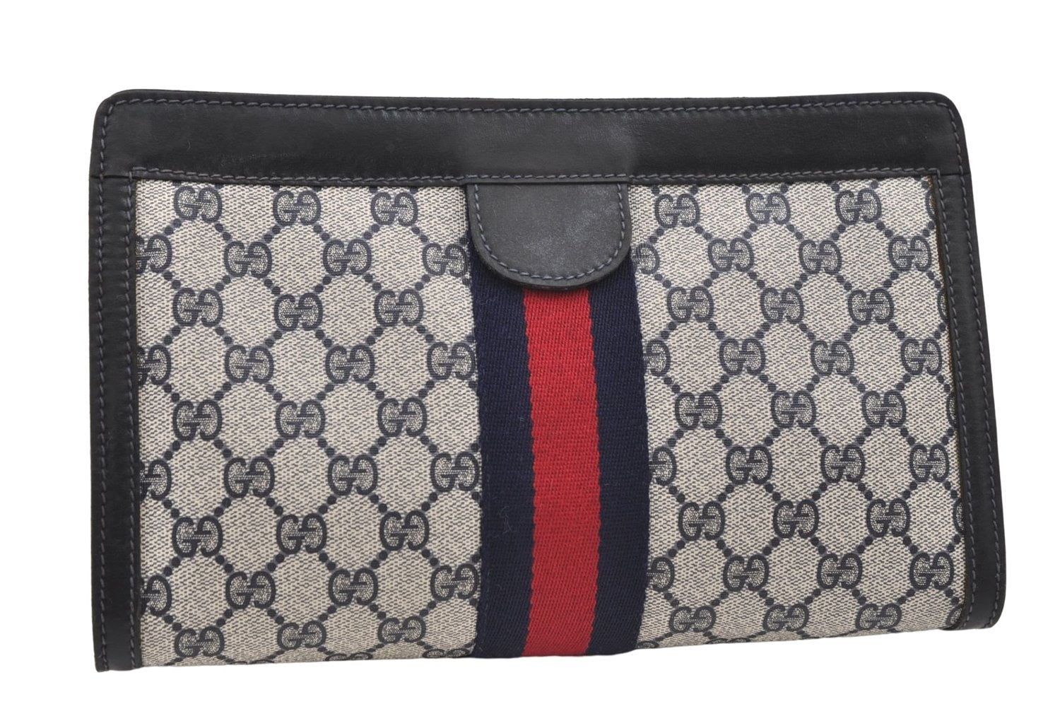 Authentic GUCCI Sherry Line Clutch Hand Bag Purse GG PVC Leather Navy Blue 8692D