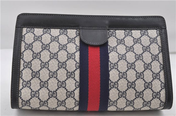 Authentic GUCCI Sherry Line Clutch Hand Bag Purse GG PVC Leather Navy Blue 8692D