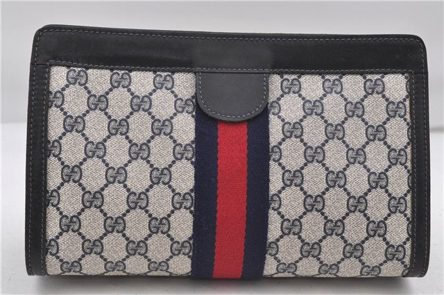 Authentic GUCCI Sherry Line Clutch Hand Bag Purse GG PVC Leather Navy Blue 8692D