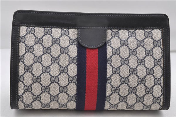 Authentic GUCCI Sherry Line Clutch Hand Bag Purse GG PVC Leather Navy Blue 8692D