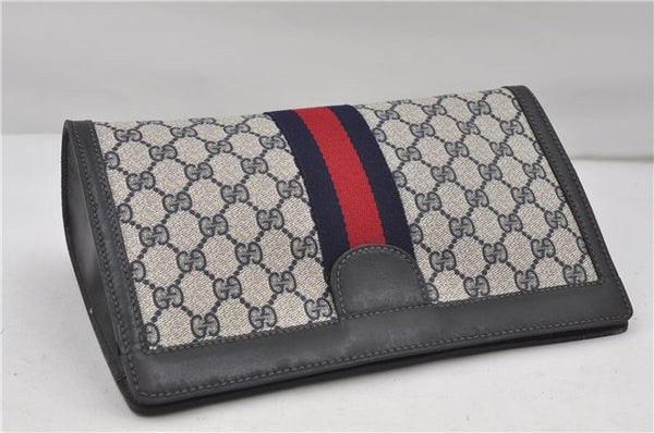 Authentic GUCCI Sherry Line Clutch Hand Bag Purse GG PVC Leather Navy Blue 8692D