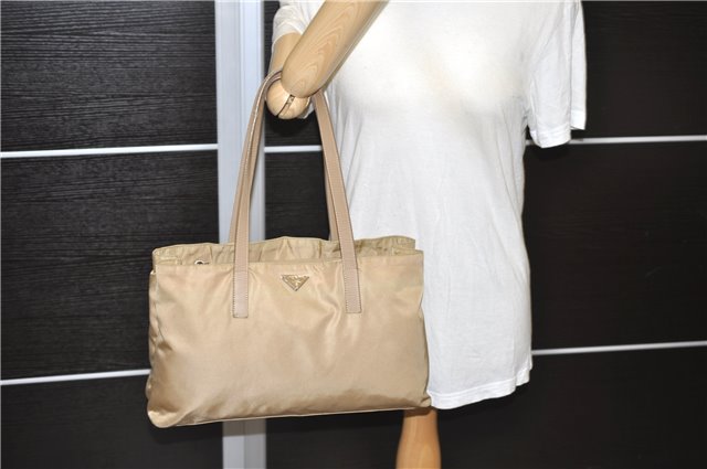 Authentic PRADA Nylon Leather Shoulder Tote Bag Purse Beige 8697C