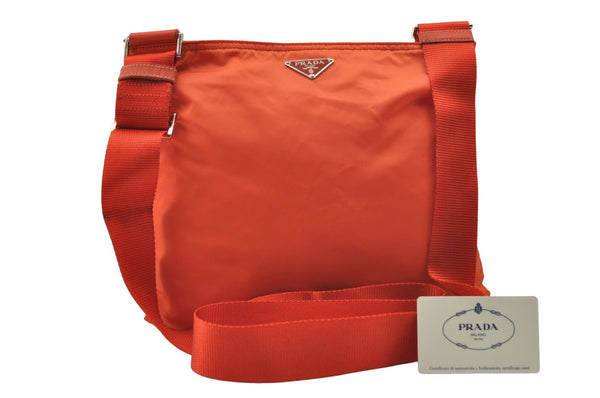 Auth PRADA VELA SPORT Nylon Leather Shoulder Cross Body Bag BT0175 Orange 8698D