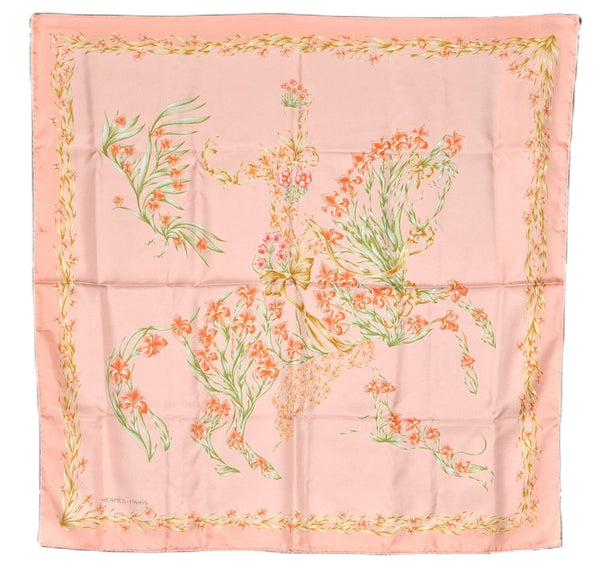 Authentic HERMES Carre 90 Scarf "Cheval Fleuri " Silk Pink Box 8707E