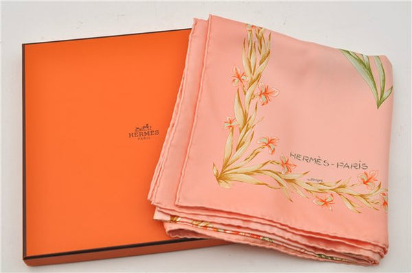 Authentic HERMES Carre 90 Scarf "Cheval Fleuri " Silk Pink Box 8707E