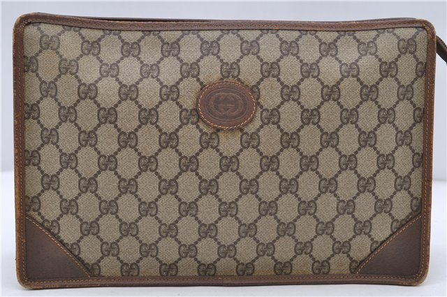 Authentic GUCCI Clutch Hand Bag Purse GG PVC Leather Brown 8713C