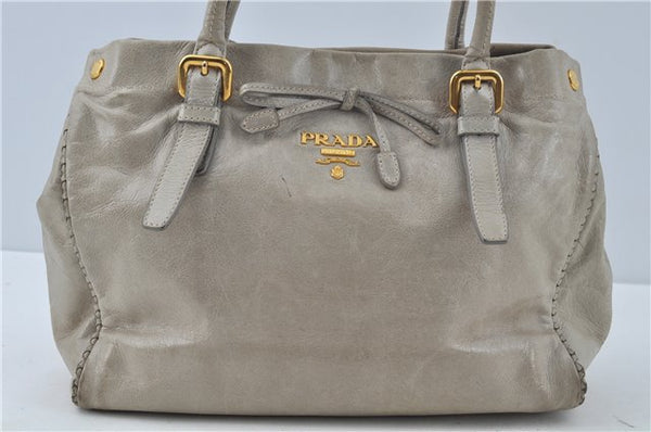 Authentic Prada Leather Hand Tote Bag Light Gray Ivory 8729B