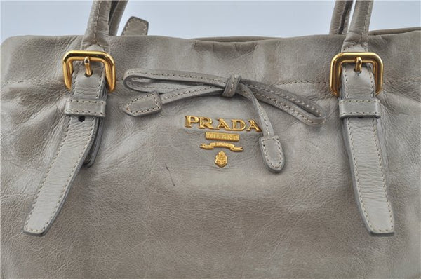 Authentic Prada Leather Hand Tote Bag Light Gray Ivory 8729B