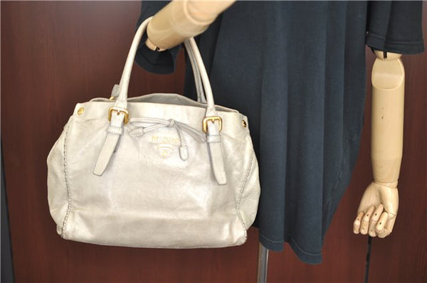 Authentic Prada Leather Hand Tote Bag Light Gray Ivory 8729B