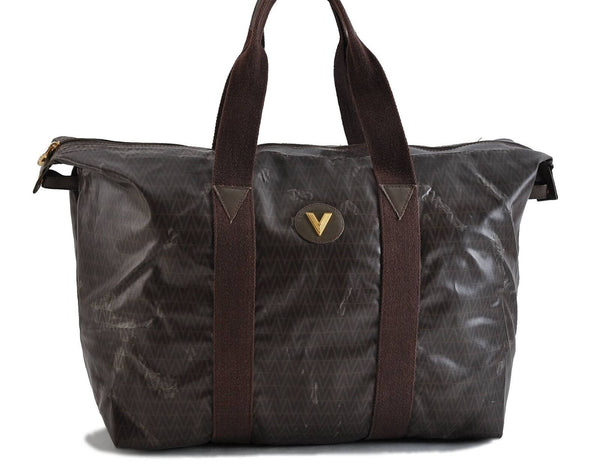 Authentic MARIO VALENTINO V Logo Travel Boston Bag PVC Leather Brown 8730B