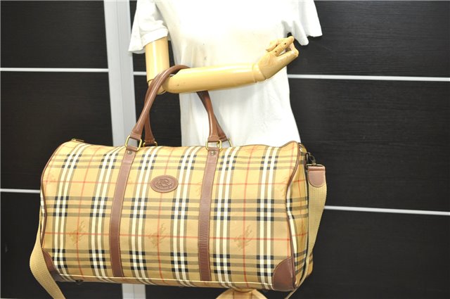 Authentic Burberrys Vintage Check PVC Leather 2Way Travel Boston Bag Beige 8752D