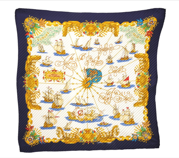 Authentic HERMES Pleats Scarf "VOILES DE LUMIERE" Silk Navy Box 8753E