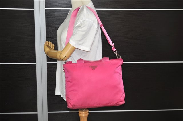 Authentic PRADA Vintage Nylon Tessuto Leather 2Way Shoulder Tote Bag Pink 8781E