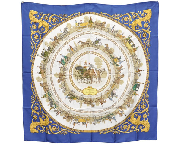 Authentic HERMES Carre 90 Scarf "LA PROMENADE DE LONGCHAMPS" Silk Blue 8783B