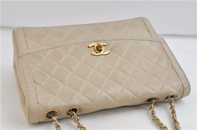 Authentic CHANEL Calf Skin Matelasse Chain Shoulder Bag Purse Beige CC 8794C