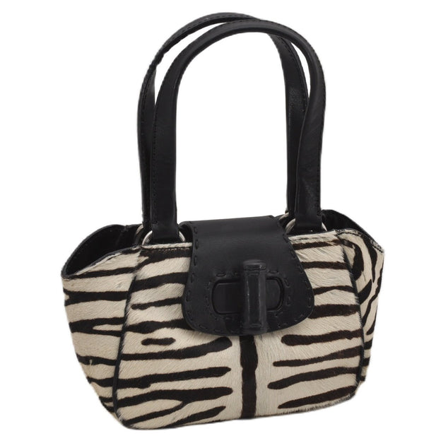 Authentic PRADA Zebra Unborn Calf Leather Shoulder Hand Bag White Black 8800F