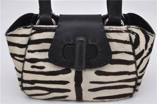 Authentic PRADA Zebra Unborn Calf Leather Shoulder Hand Bag White Black 8800F