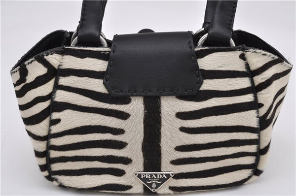 Authentic PRADA Zebra Unborn Calf Leather Shoulder Hand Bag White Black 8800F