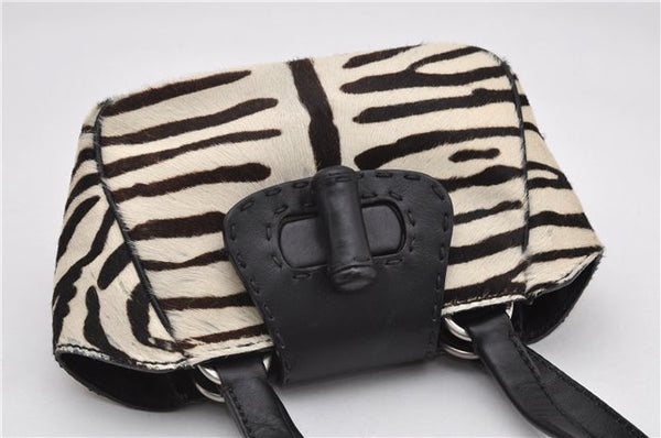 Authentic PRADA Zebra Unborn Calf Leather Shoulder Hand Bag White Black 8800F
