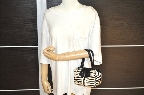Authentic PRADA Zebra Unborn Calf Leather Shoulder Hand Bag White Black 8800F