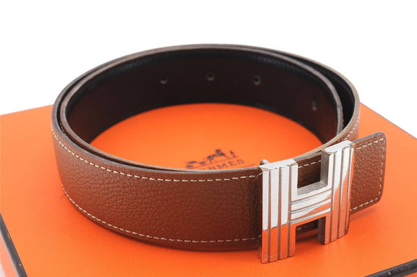 Auth HERMES Ladies Leather Belt Reversible Size 65cm 25.6" Brown Black Box 8823C