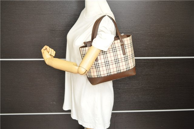 Authentic BURBERRY Vintage Nova Check Canvas Leather Hand Bag Beige Brown 8827D