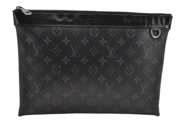 Auth Louis Vuitton Monogram Eclipse Pochette Discovery M62291 Clutch Bag 8827F