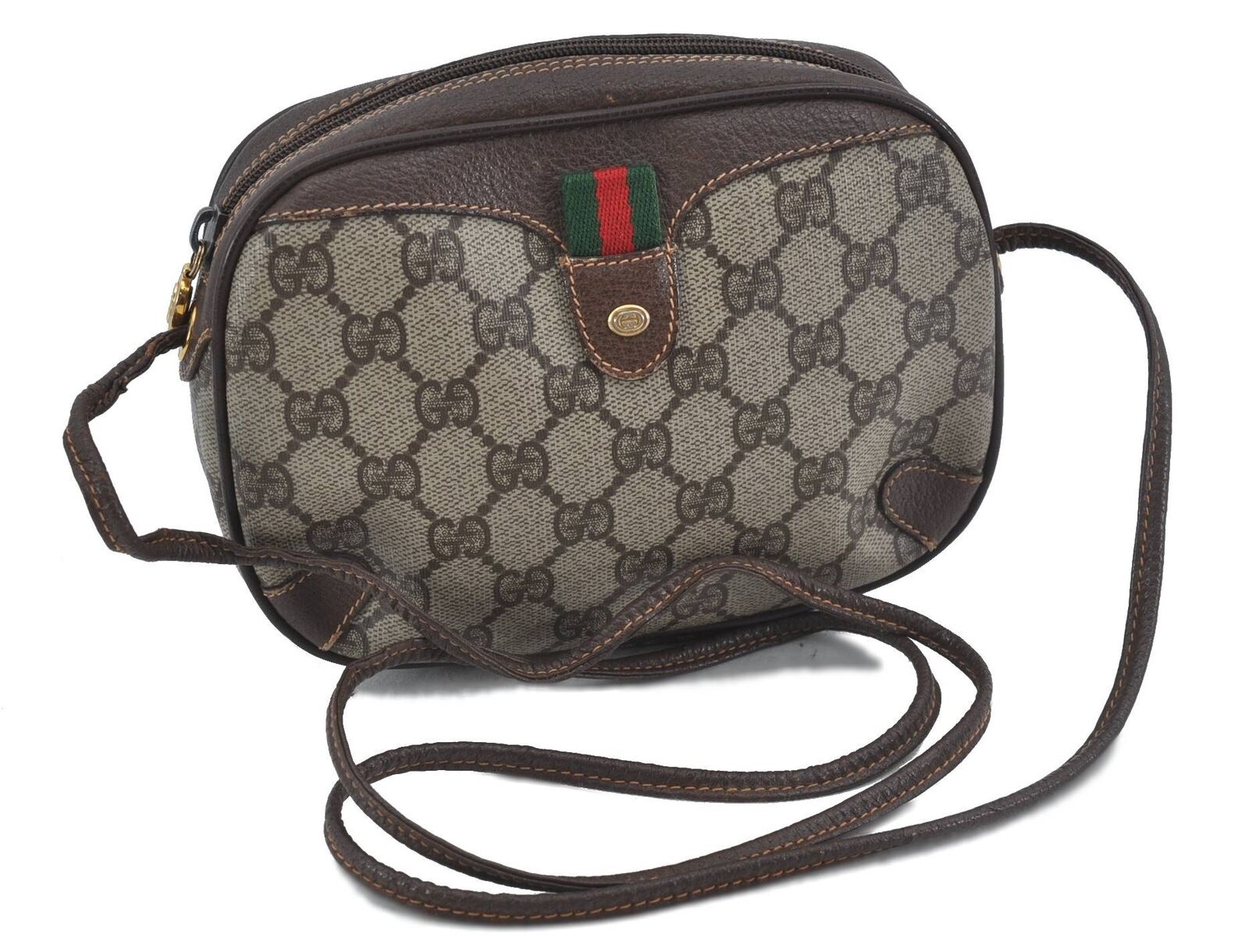 Auth GUCCI Web Sherry Line Shoulder Cross Body Bag GG PVC Leather Brown 8828A